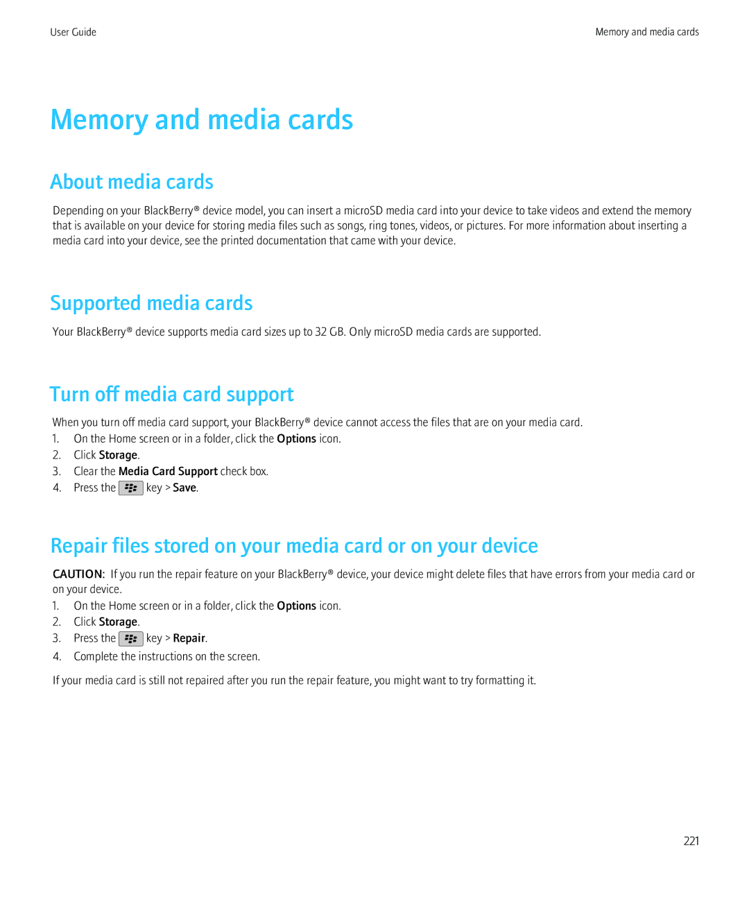 Blackberry 68001, 9800 manual Memory and media cards, About media cards, Supported media cards, Turn off media card support 