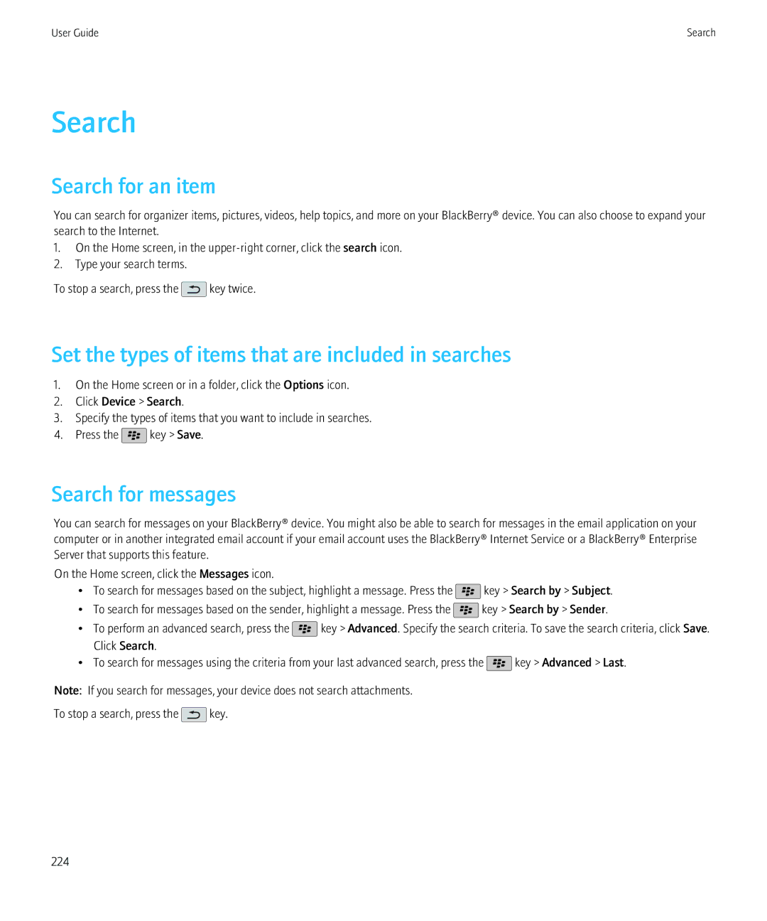 Blackberry 68001, 9800 Search for an item, Set the types of items that are included in searches, Search for messages 