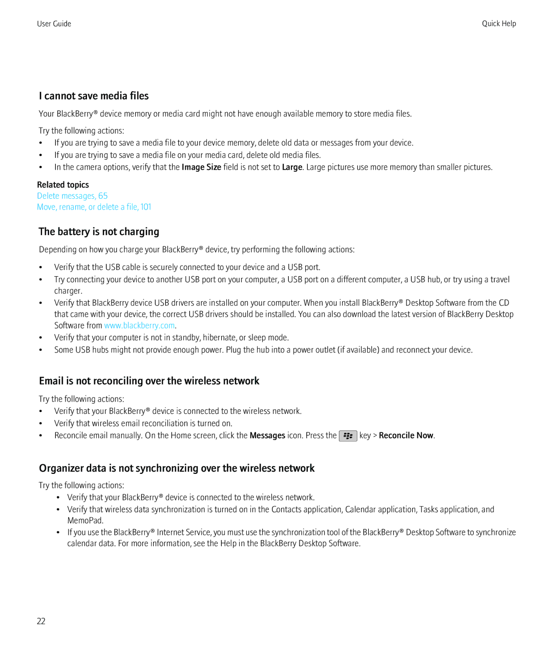 Blackberry 9800 manual Cannot save media files, Battery is not charging, Email is not reconciling over the wireless network 