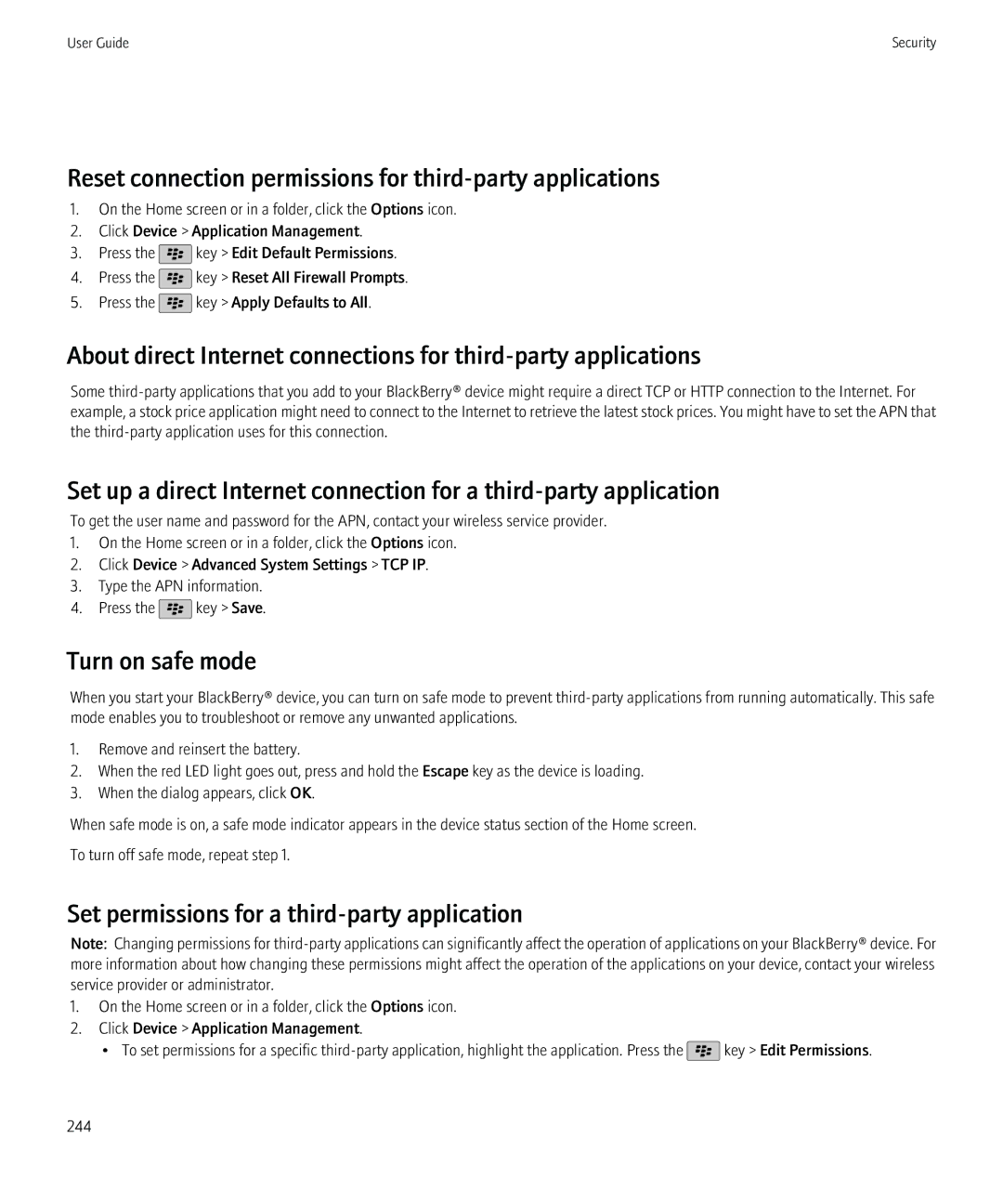 Blackberry 9800, 68001 manual Reset connection permissions for third-party applications, Turn on safe mode 