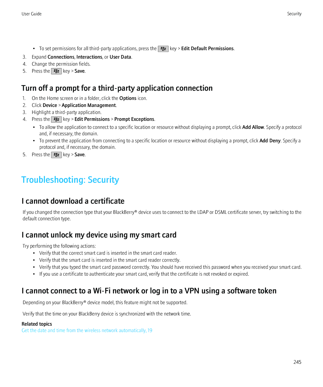 Blackberry 68001, 9800 manual Troubleshooting Security, Turn off a prompt for a third-party application connection 