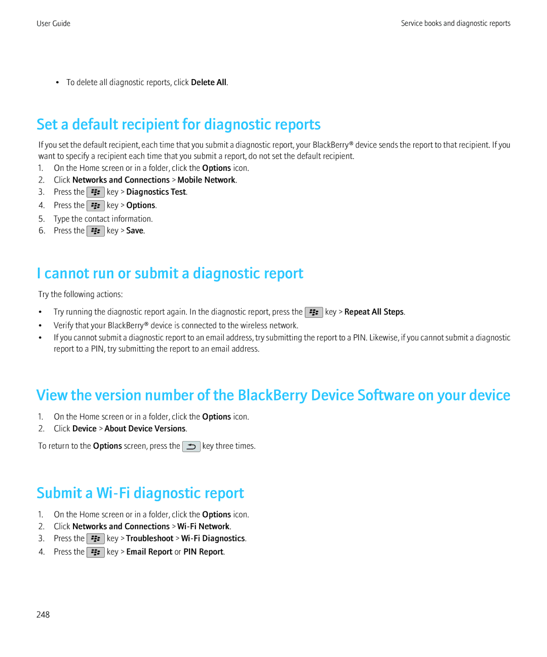 Blackberry 68001, 9800 manual Set a default recipient for diagnostic reports, Cannot run or submit a diagnostic report 