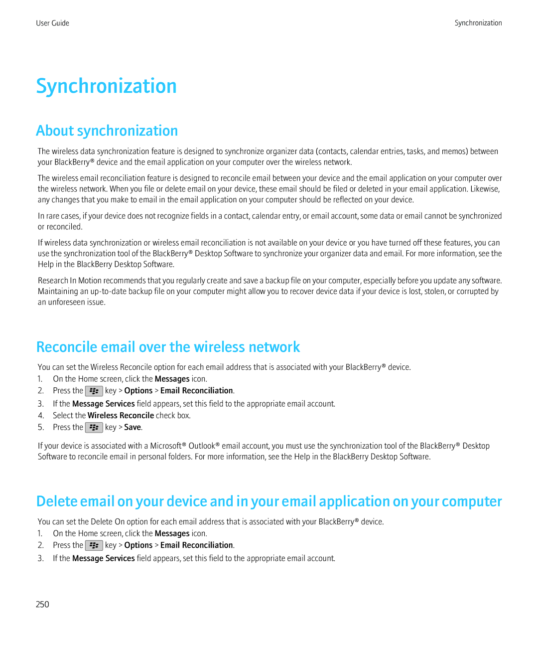 Blackberry 9800, 68001 manual Synchronization, About synchronization, Reconcile email over the wireless network 