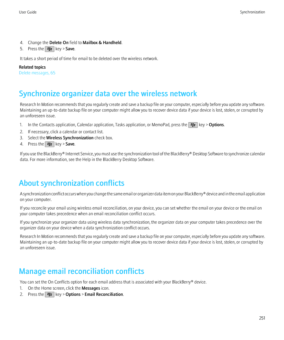 Blackberry 68001, 9800 manual Synchronize organizer data over the wireless network, About synchronization conflicts 