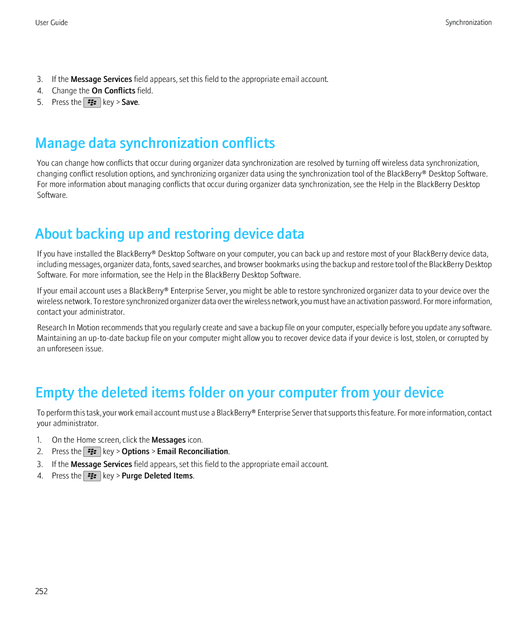 Blackberry NO_CARRIERCNETTORCH9800BLKATT Manage data synchronization conflicts, About backing up and restoring device data 