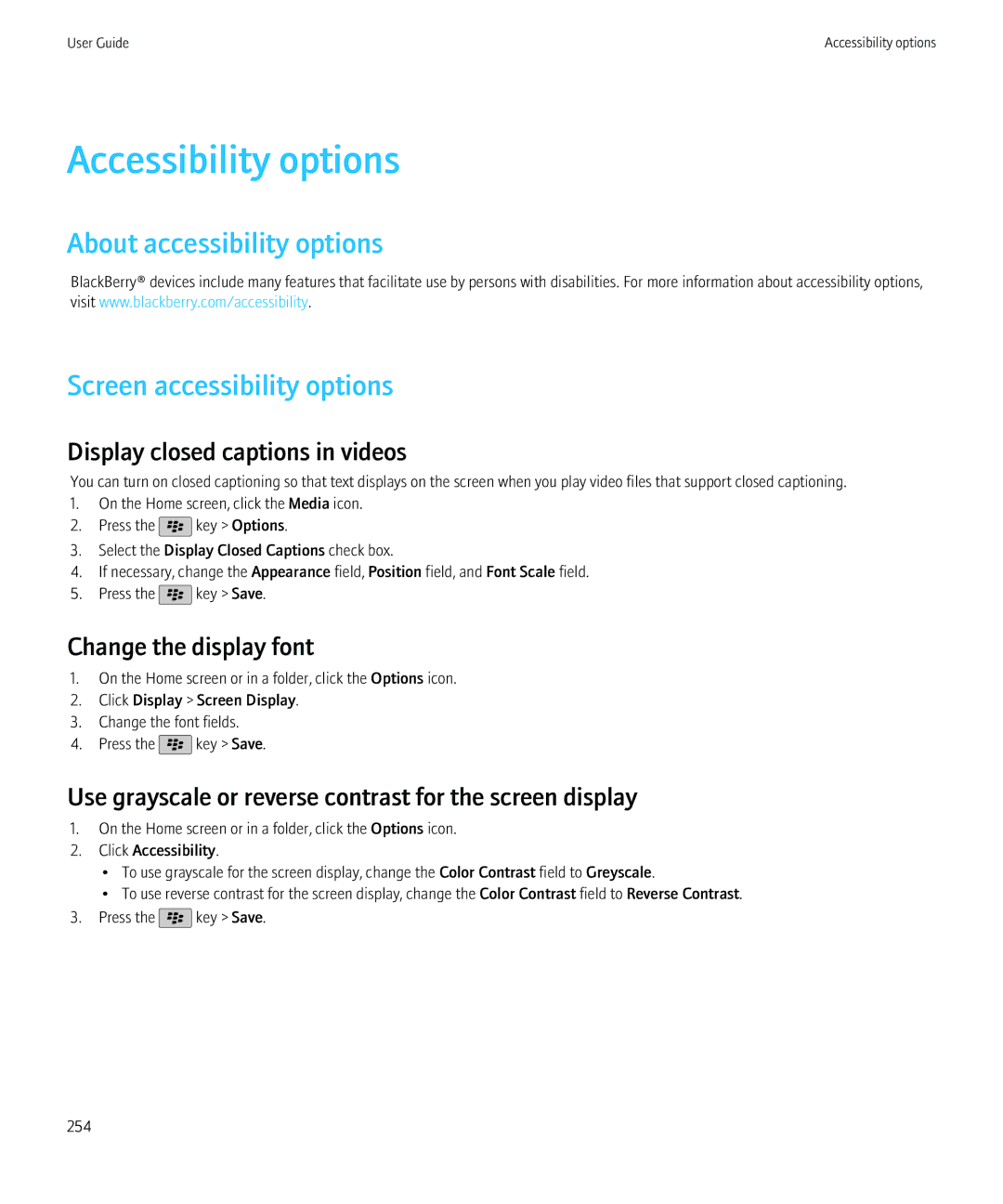 Blackberry 68001, 9800 manual Accessibility options, About accessibility options Screen accessibility options 