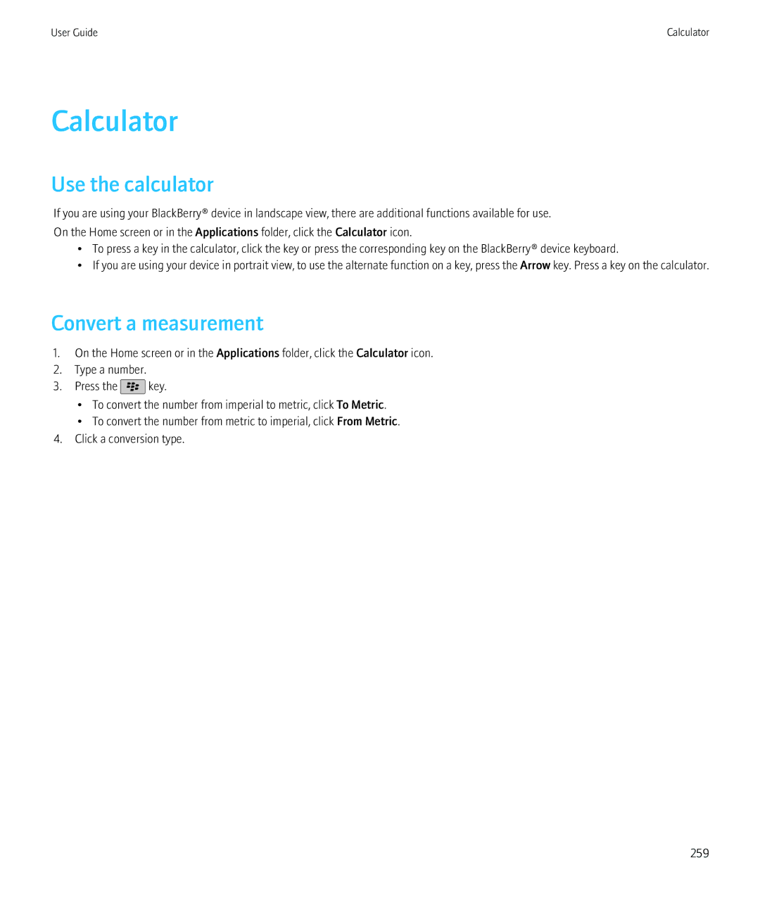 Blackberry 68001, NO_CARRIERCNETTORCH9800BLKATT manual Calculator, Use the calculator, Convert a measurement 