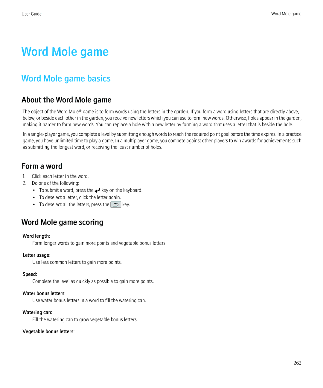 Blackberry 68001, 9800 manual Word Mole game basics, About the Word Mole game, Form a word, Word Mole game scoring 