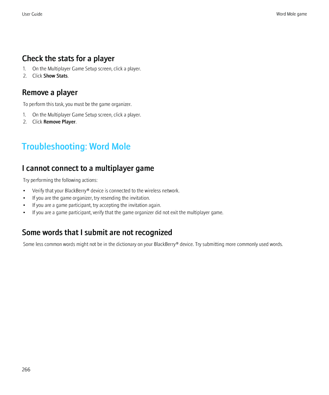 Blackberry 68001, 9800 manual Troubleshooting Word Mole, Check the stats for a player, Remove a player 