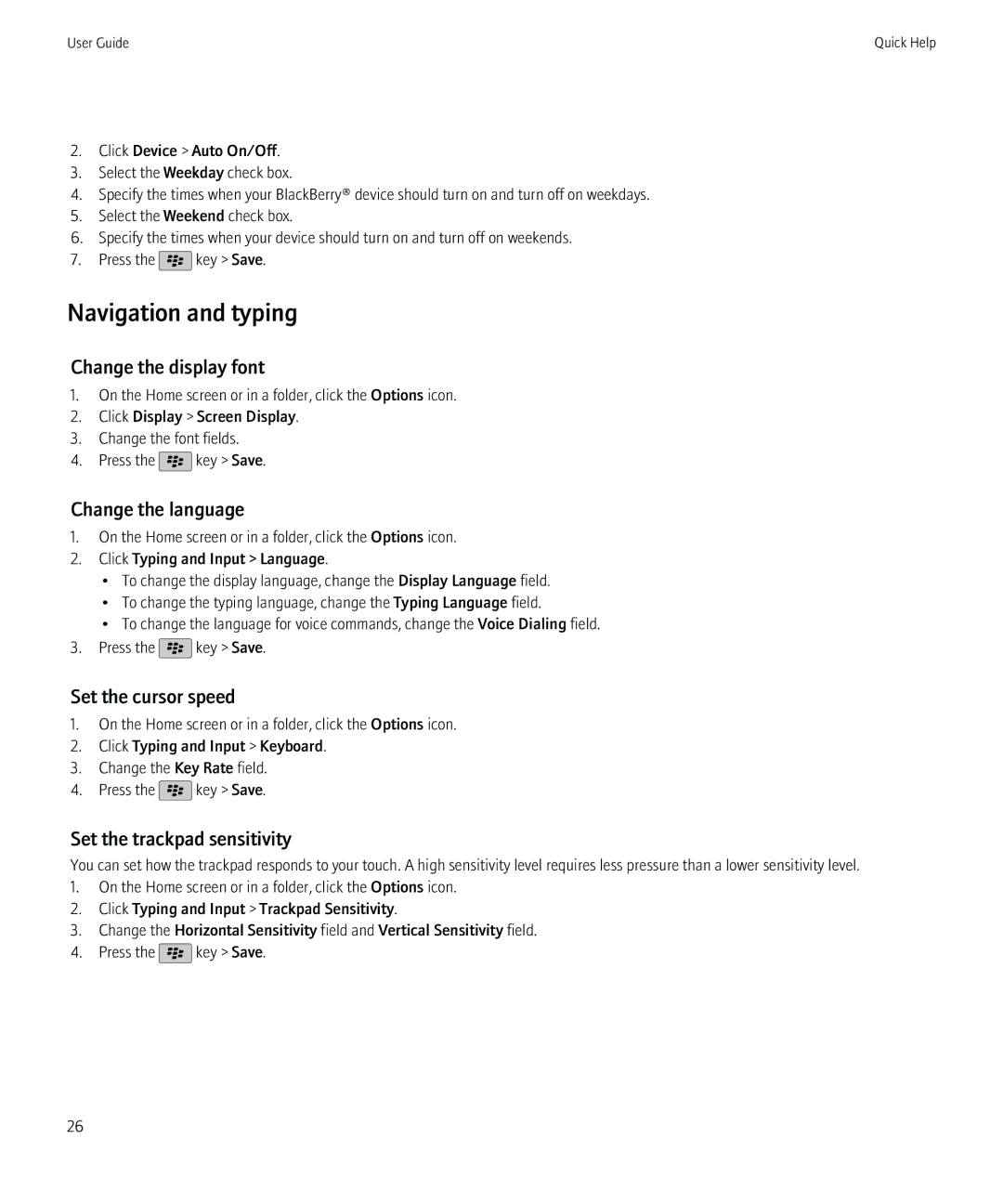 Blackberry 68001, 9800 manual Navigation and typing, Change the display font, Change the language, Set the cursor speed 