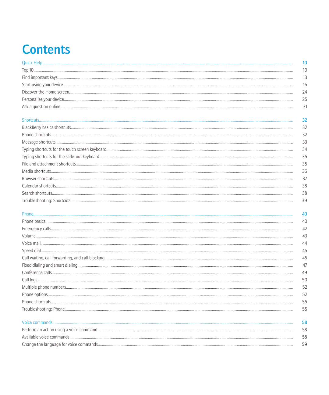 Blackberry 68001, NO_CARRIERCNETTORCH9800BLKATT manual Contents 