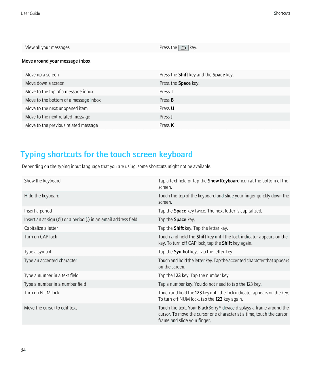 Blackberry 9800, 68001 manual Typing shortcuts for the touch screen keyboard, Move the cursor to edit text 