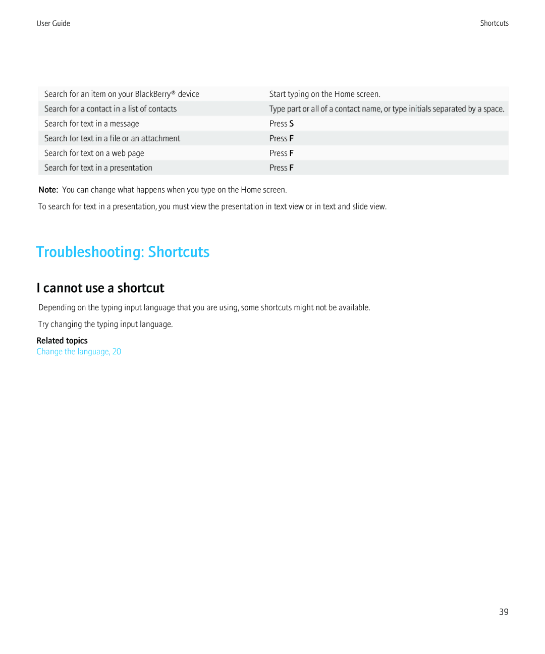 Blackberry NO_CARRIERCNETTORCH9800BLKATT, 68001 manual Troubleshooting Shortcuts, Cannot use a shortcut 