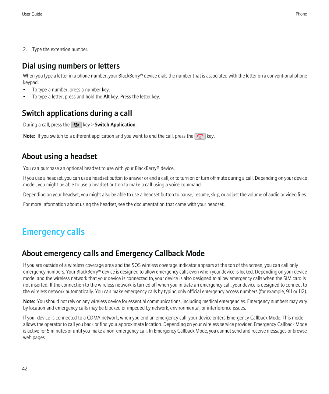 Blackberry NO_CARRIERCNETTORCH9800BLKATT Emergency calls, Dial using numbers or letters, Switch applications during a call 