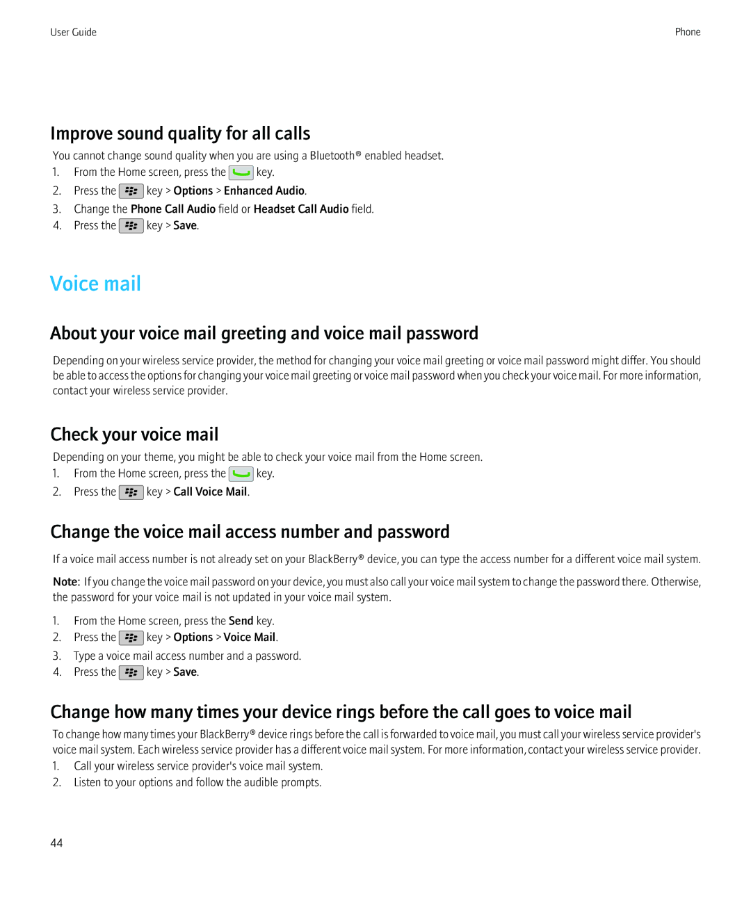 Blackberry 68001 Voice mail, Improve sound quality for all calls, About your voice mail greeting and voice mail password 