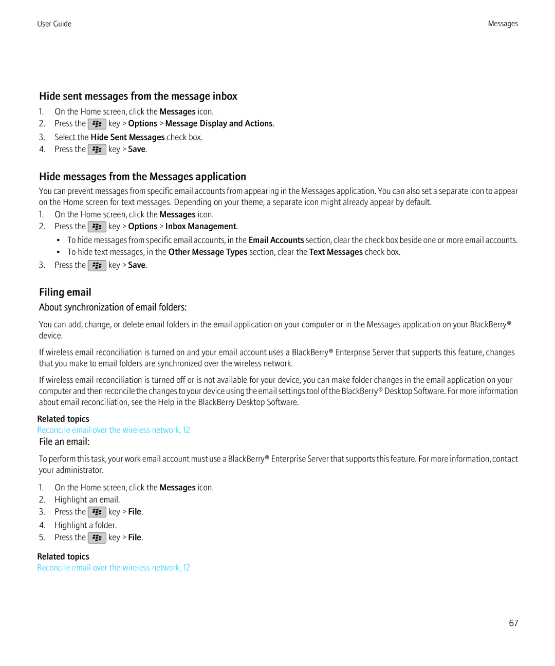 Blackberry 9800 manual Hide sent messages from the message inbox, Hide messages from the Messages application, Filing email 