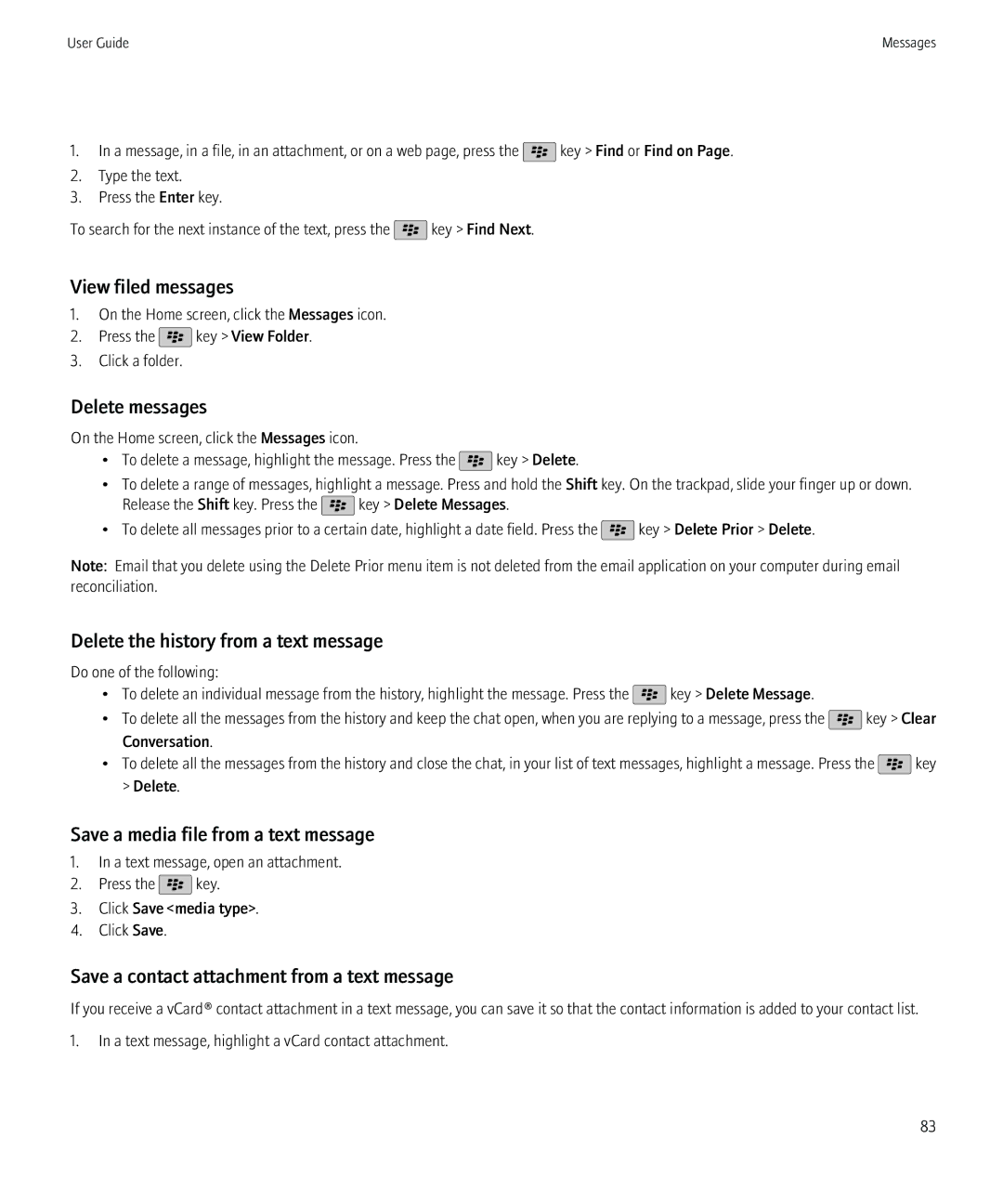Blackberry 68001, 9800 manual Delete the history from a text message, Save a media file from a text message 