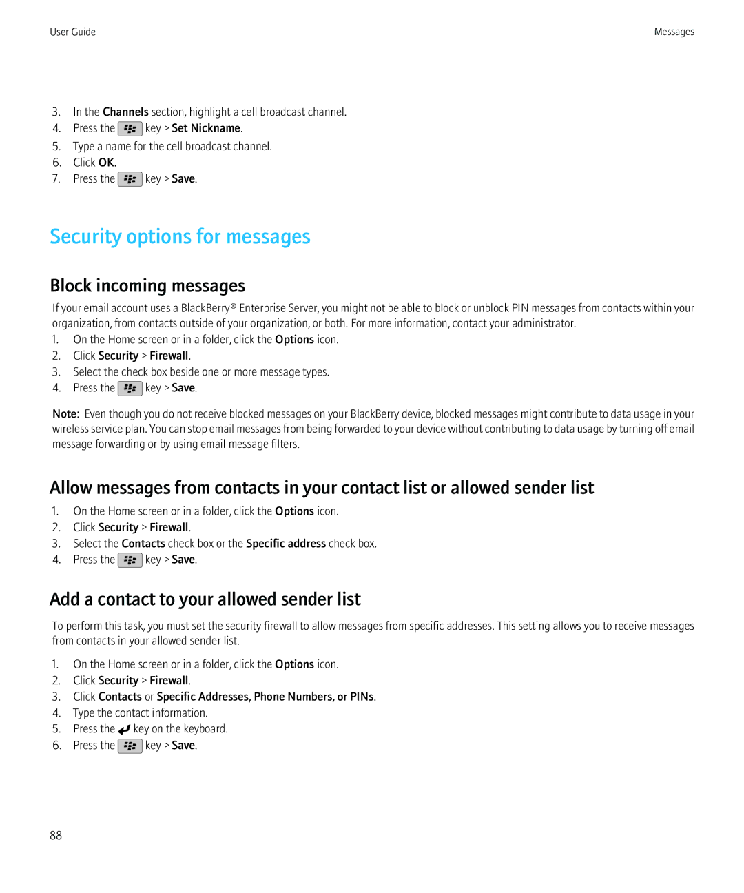 Blackberry 9800, 68001 Security options for messages, Block incoming messages, Add a contact to your allowed sender list 