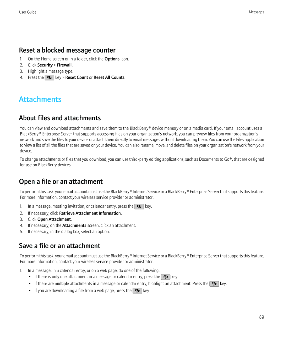 Blackberry 68001 Attachments, Reset a blocked message counter, About files and attachments, Open a file or an attachment 