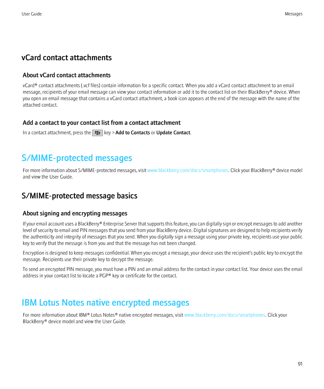 Blackberry 9800, 68001 manual MIME-protected messages, IBM Lotus Notes native encrypted messages, VCard contact attachments 