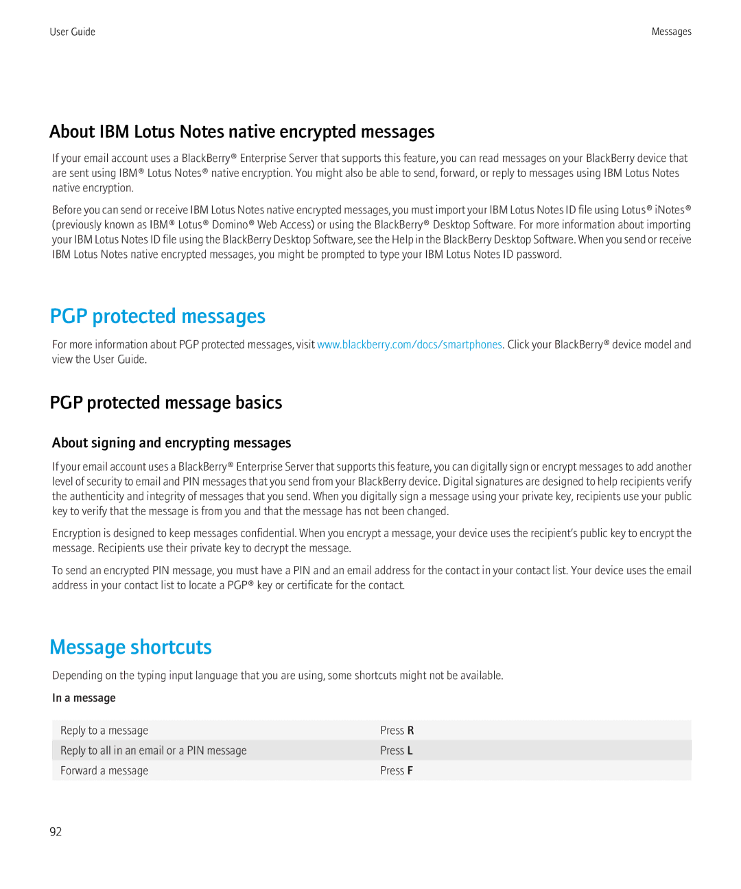 Blackberry 68001 PGP protected messages, About IBM Lotus Notes native encrypted messages, PGP protected message basics 