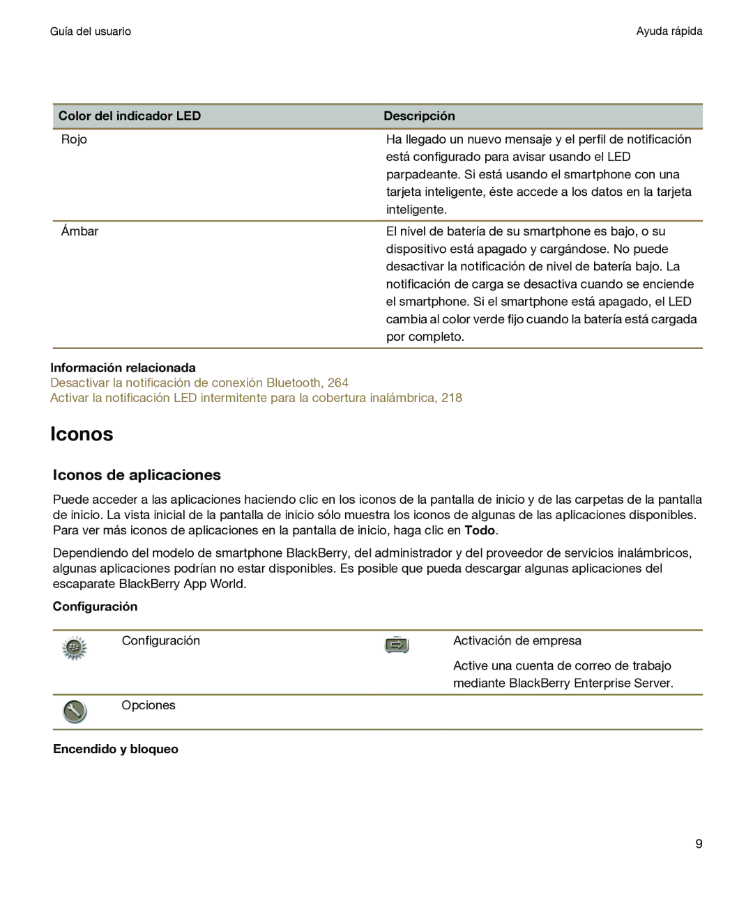 Blackberry P 9981 V7.0 manual Iconos de aplicaciones, Configuración, Encendido y bloqueo 