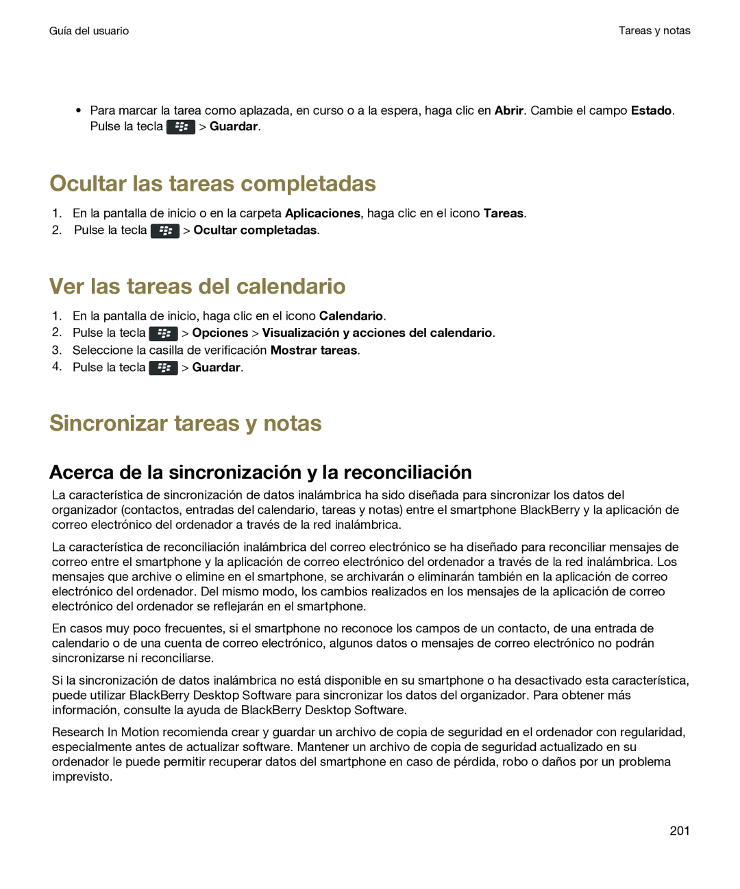 Blackberry P 9981 V7.0 manual Ocultar las tareas completadas, Ver las tareas del calendario, Sincronizar tareas y notas 