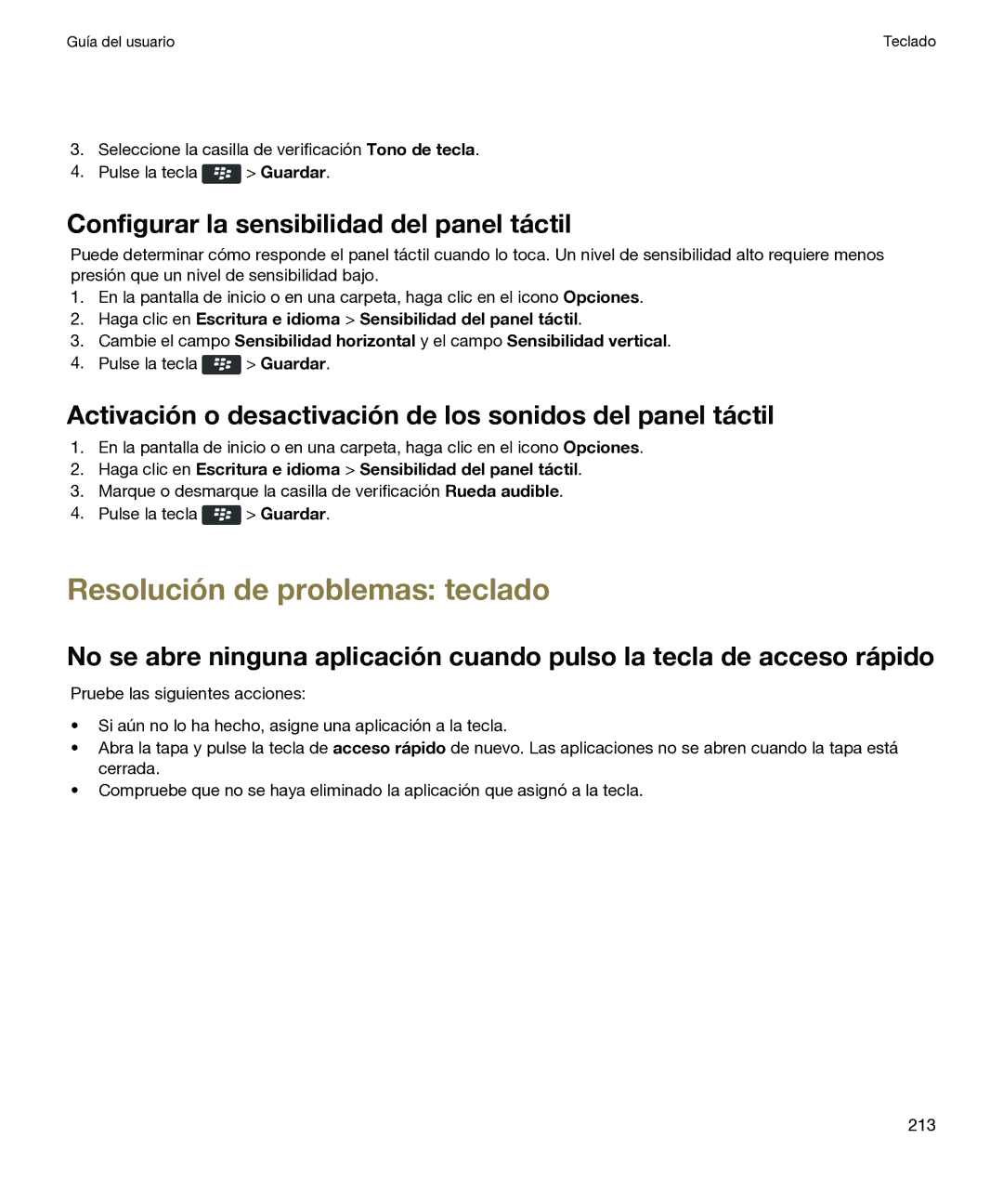 Blackberry P 9981 V7.0 manual Resolución de problemas teclado, Configurar la sensibilidad del panel táctil 