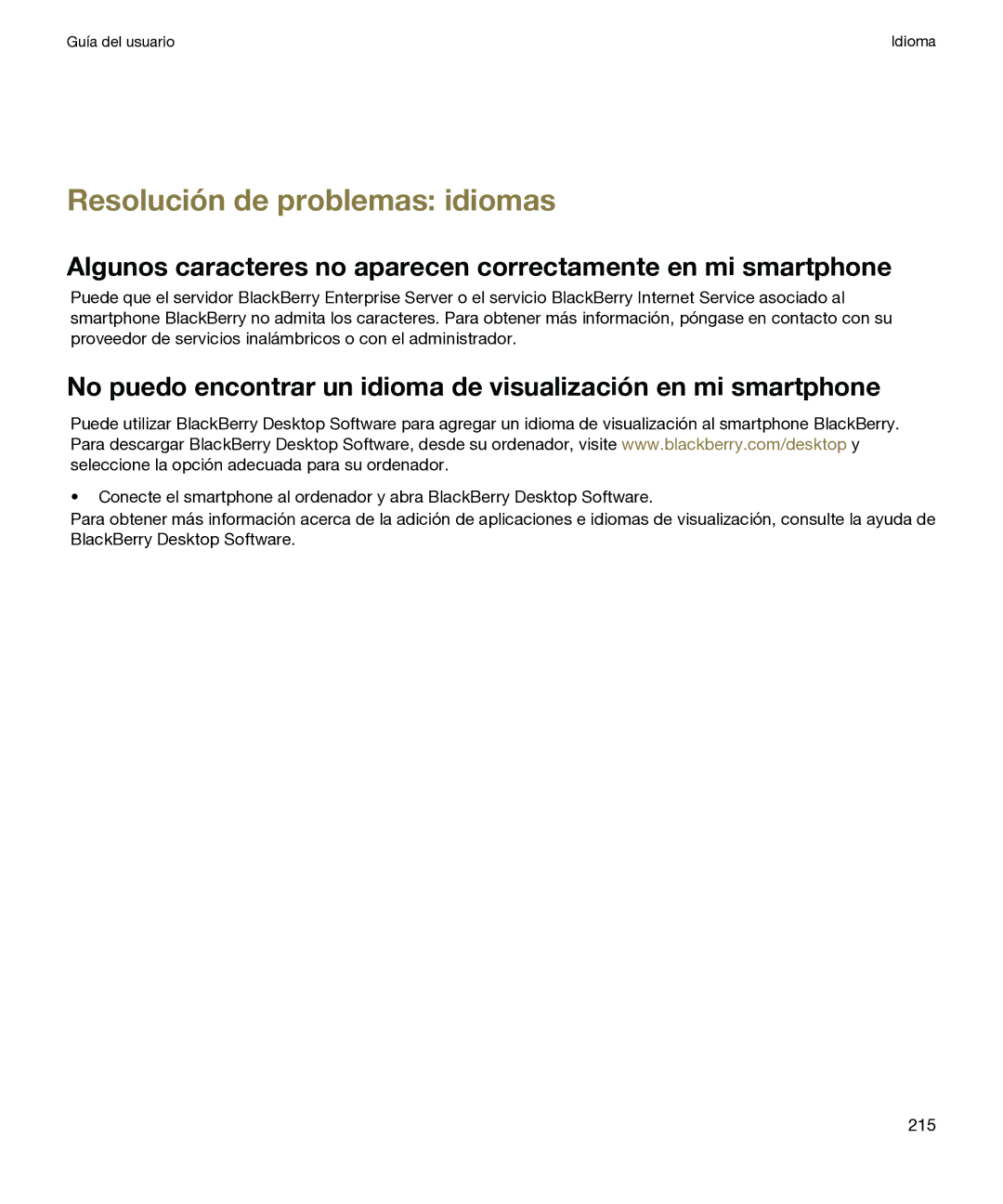 Blackberry P 9981 V7.0 manual Resolución de problemas idiomas 