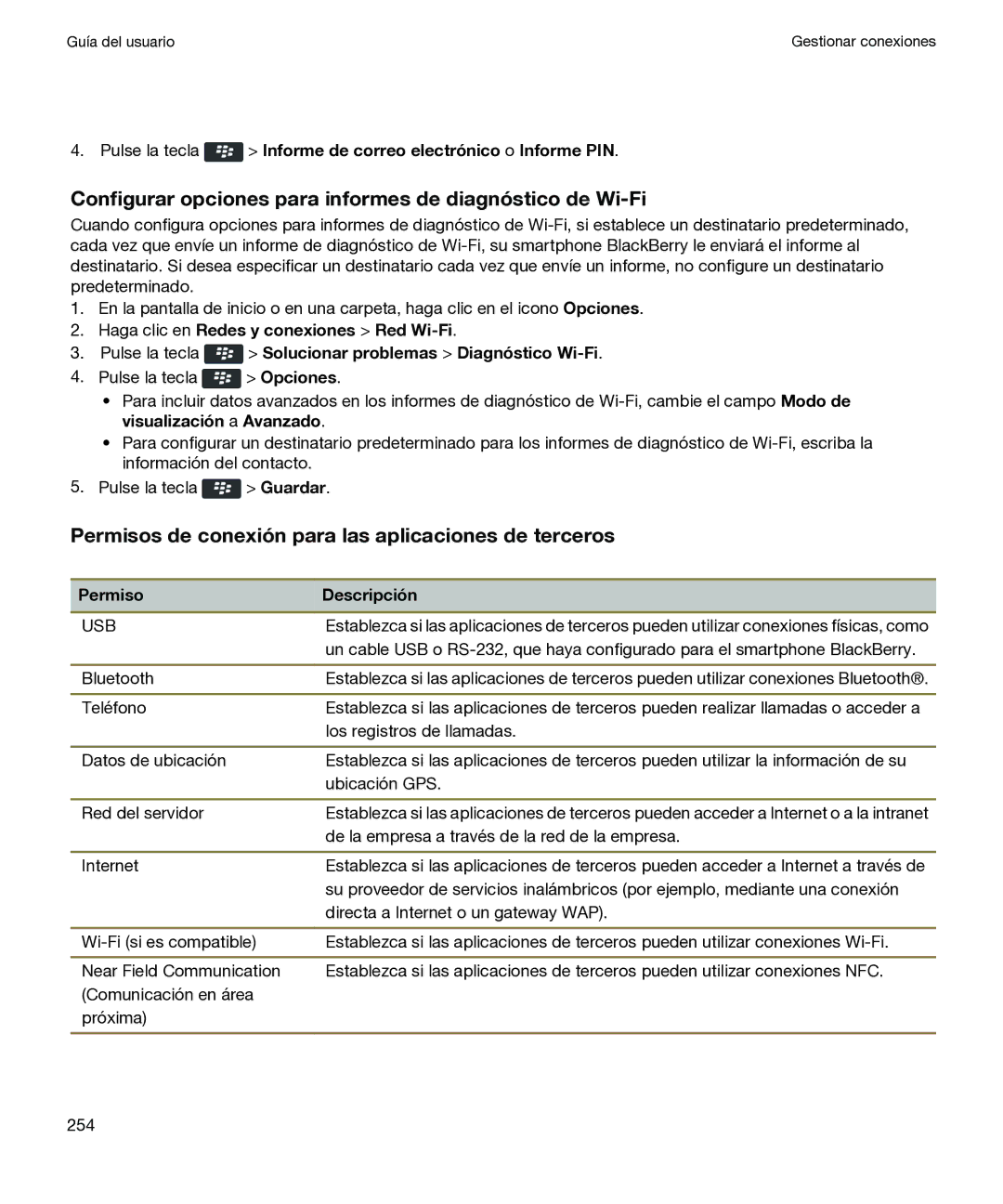 Blackberry P 9981 V7.0 manual Configurar opciones para informes de diagnóstico de Wi-Fi, Permiso Descripción 