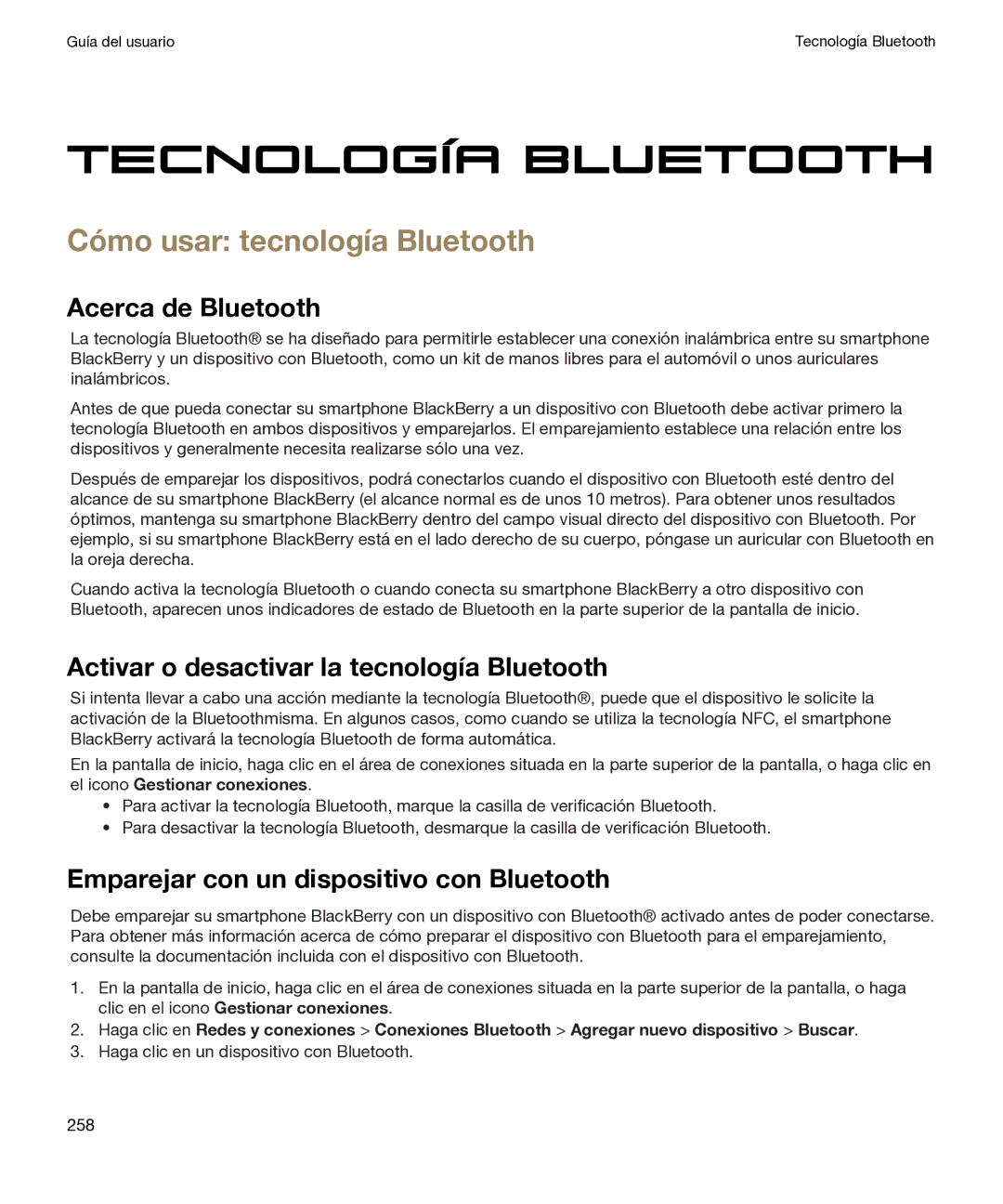 Blackberry P 9981 V7.0 manual Tecnología Bluetooth, Cómo usar tecnología Bluetooth, Acerca de Bluetooth 