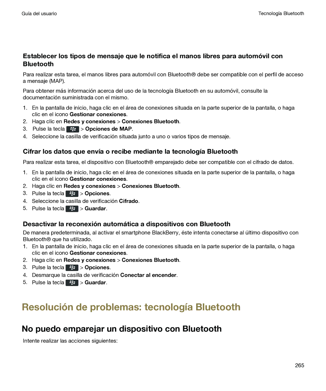 Blackberry P 9981 V7.0 manual Resolución de problemas tecnología Bluetooth, No puedo emparejar un dispositivo con Bluetooth 