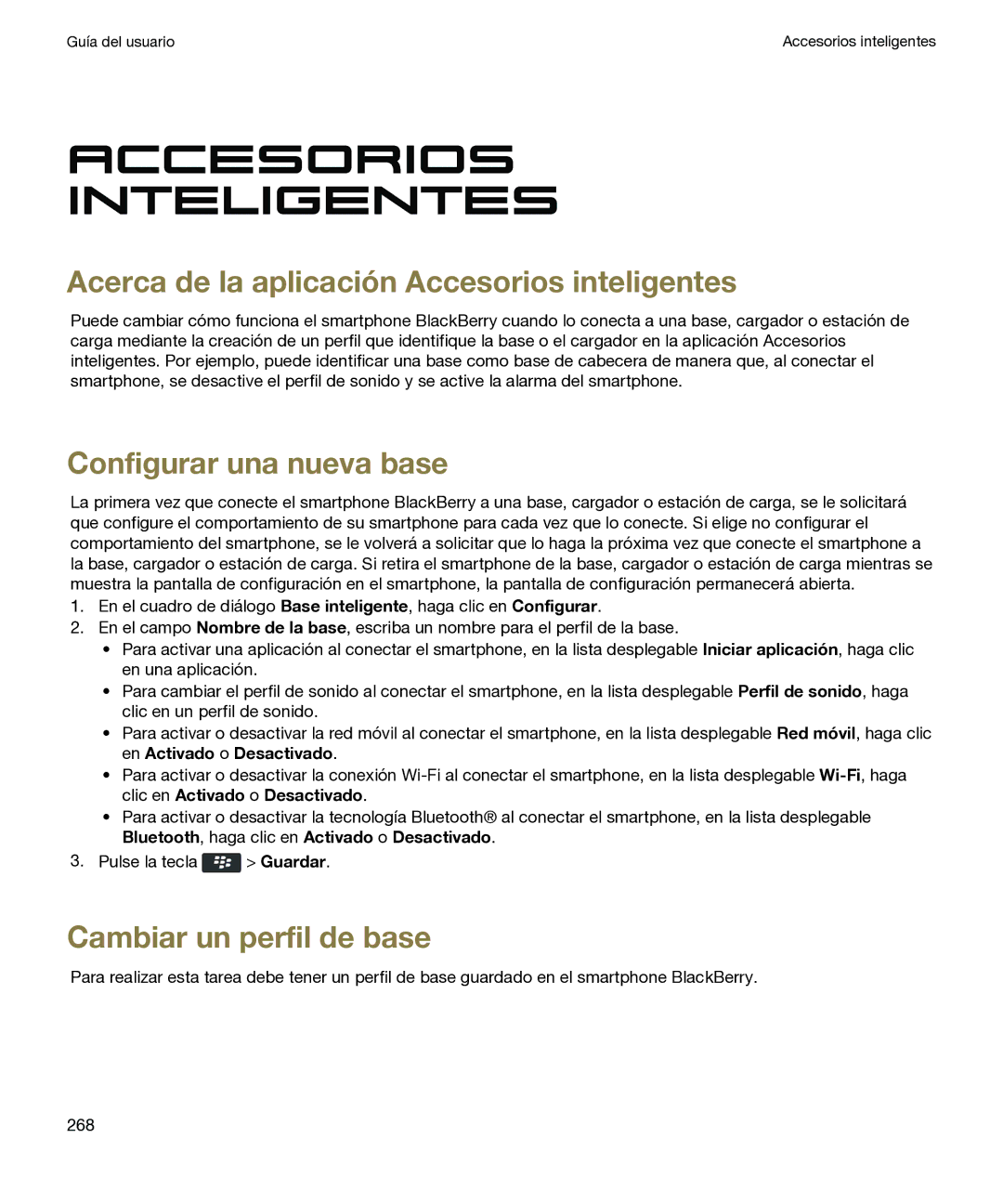 Blackberry P 9981 V7.0 manual Acerca de la aplicación Accesorios inteligentes, Configurar una nueva base 