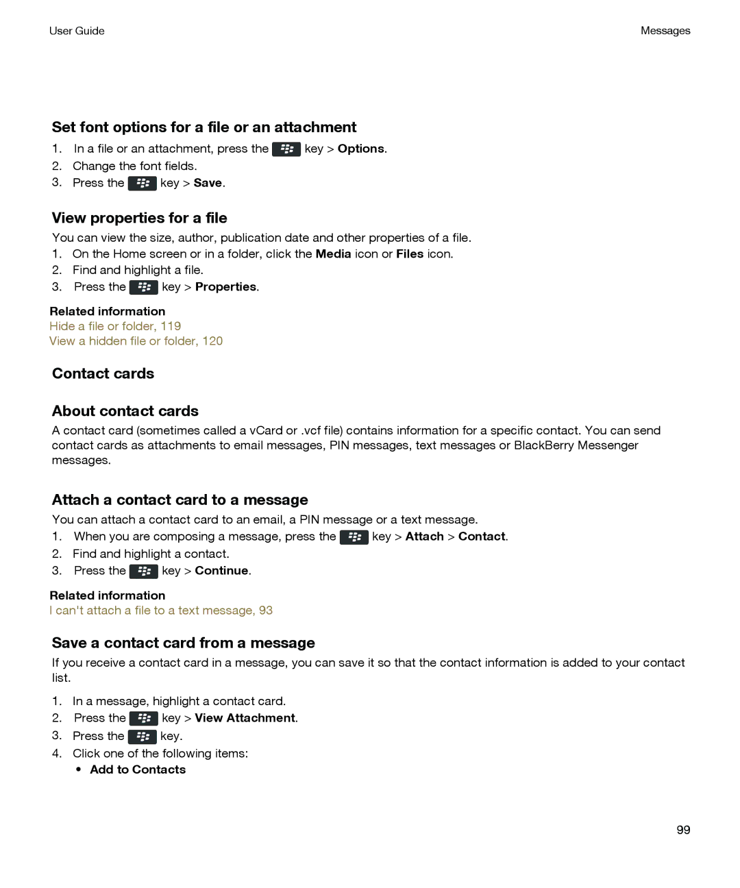 Blackberry P'9981 manual Set font options for a file or an attachment, View properties for a file, Add to Contacts 
