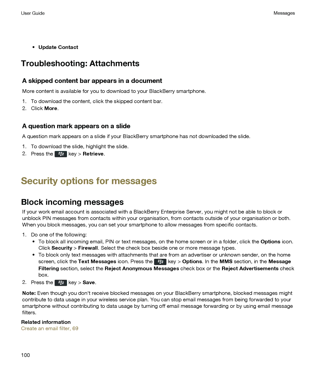 Blackberry P'9981 manual Security options for messages, Troubleshooting Attachments, Block incoming messages 