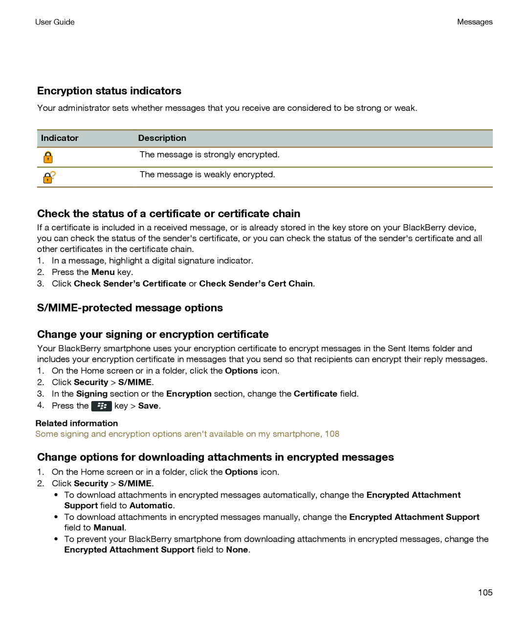 Blackberry P'9981 manual Encryption status indicators, Check the status of a certificate or certificate chain 