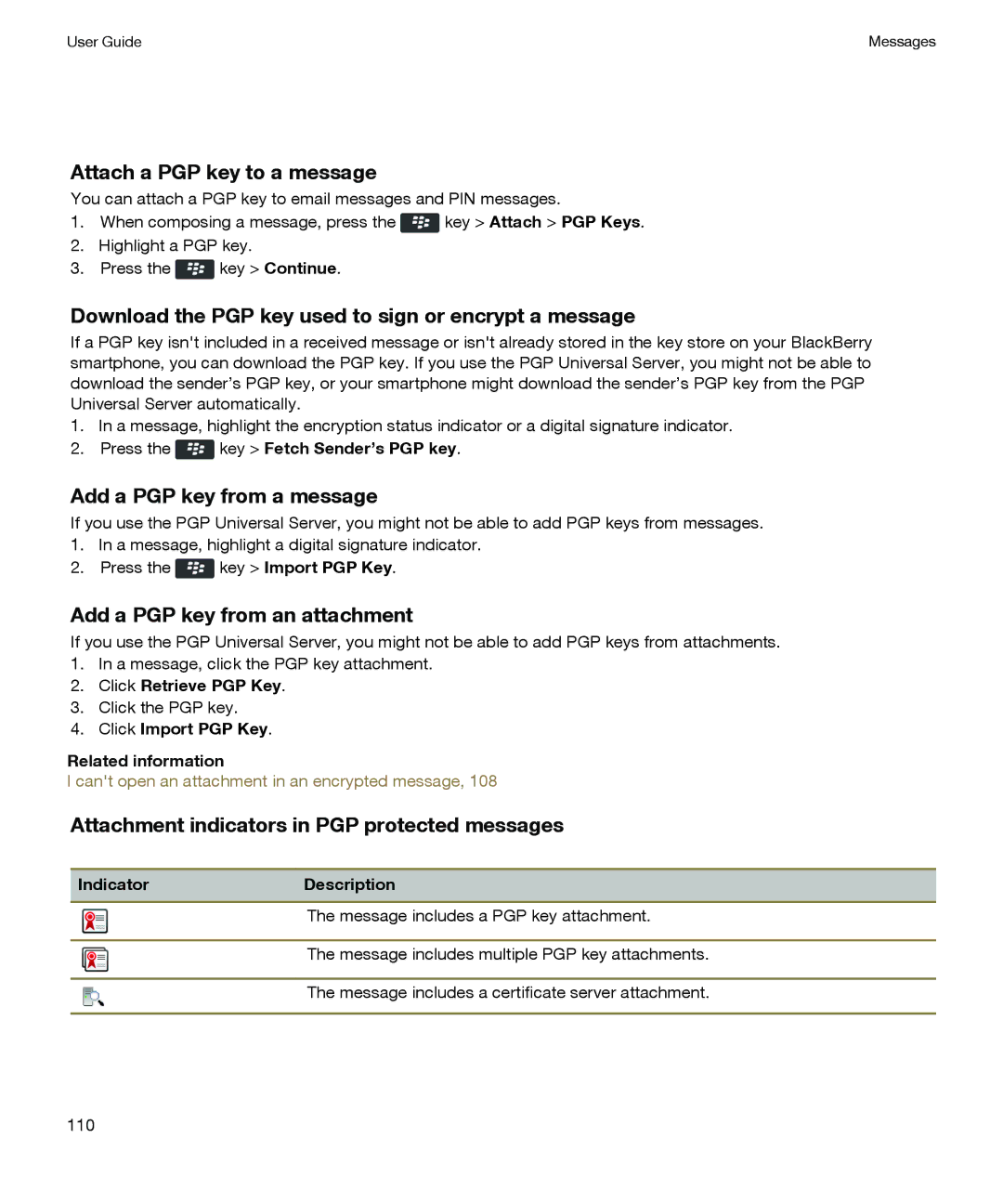 Blackberry P'9981 manual Attach a PGP key to a message, Download the PGP key used to sign or encrypt a message 