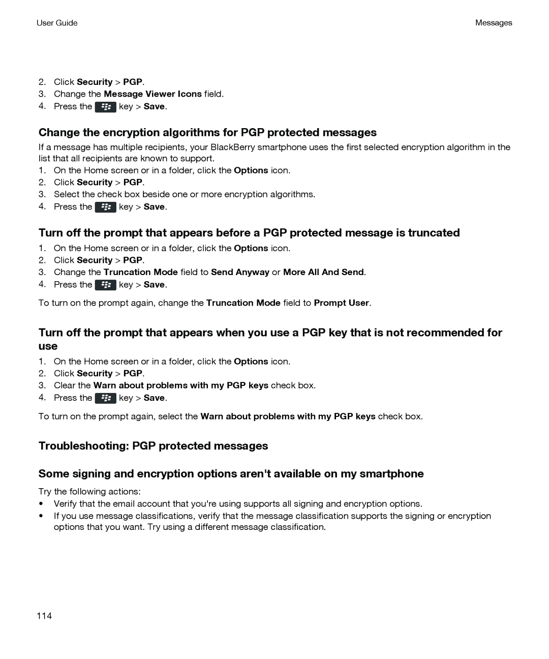 Blackberry P'9981 manual Change the encryption algorithms for PGP protected messages 