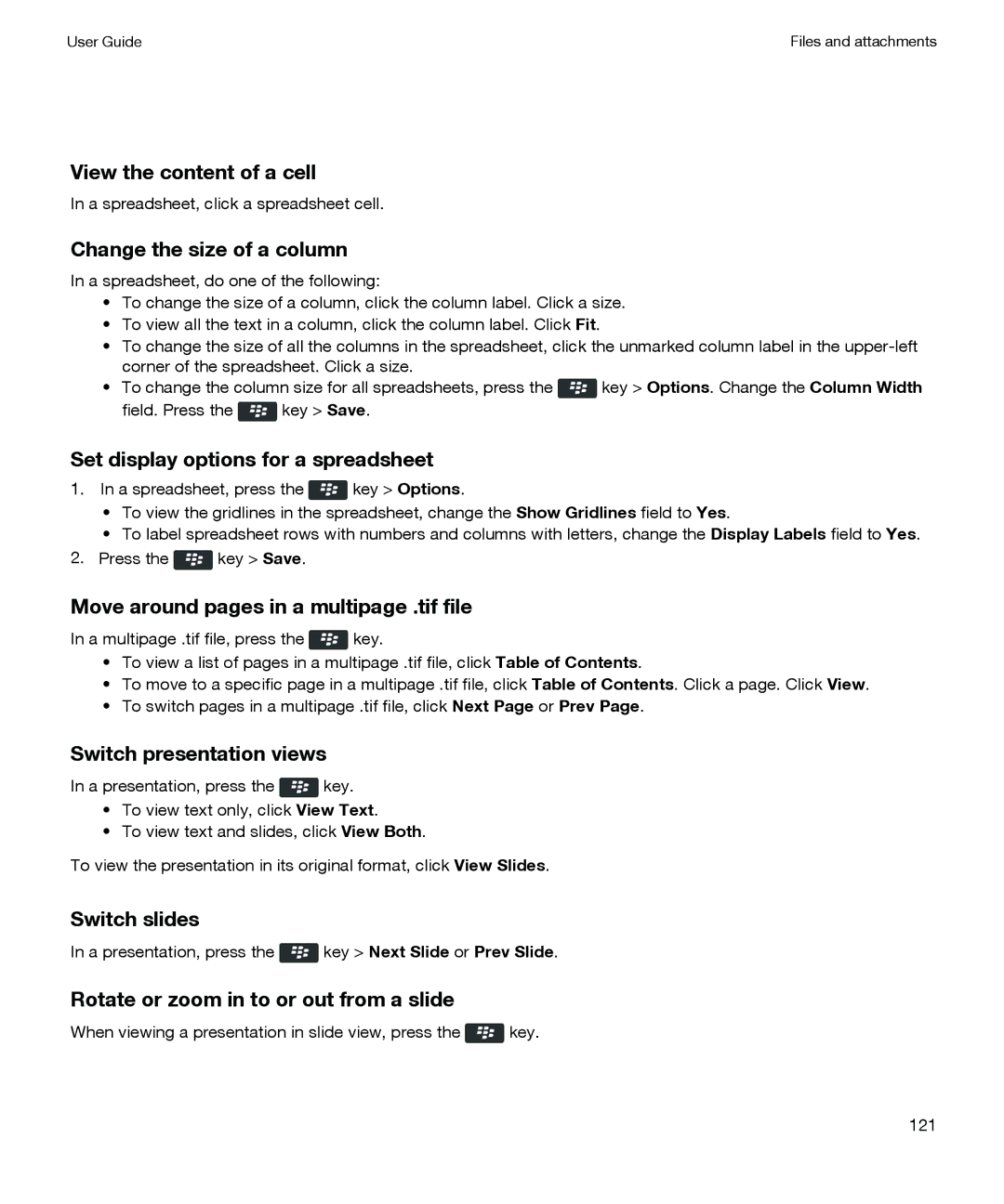 Blackberry P'9981 manual View the content of a cell, Change the size of a column, Set display options for a spreadsheet 