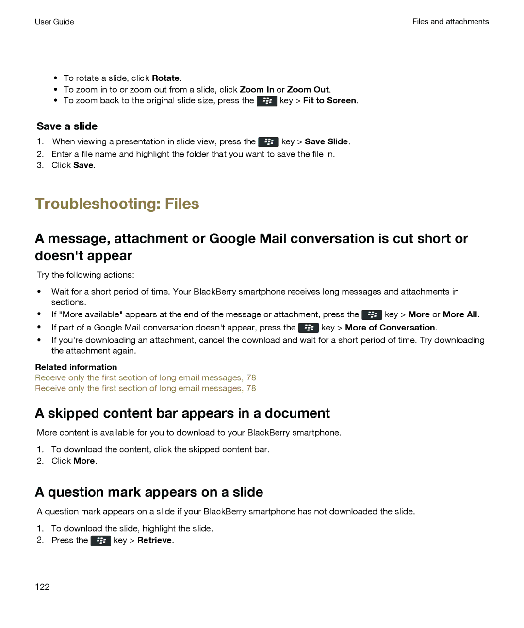 Blackberry P'9981 manual Troubleshooting Files, Skipped content bar appears in a document, Question mark appears on a slide 