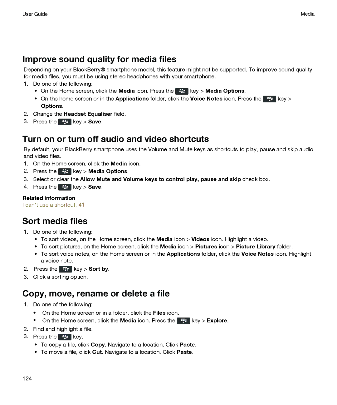 Blackberry P'9981 Improve sound quality for media files, Turn on or turn off audio and video shortcuts, Sort media files 