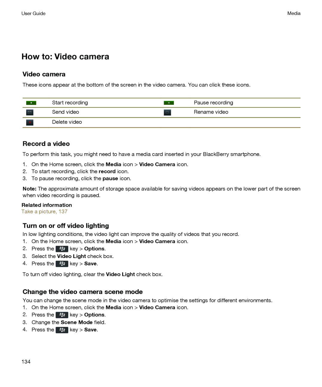 Blackberry P'9981 How to Video camera, Record a video, Turn on or off video lighting, Change the video camera scene mode 