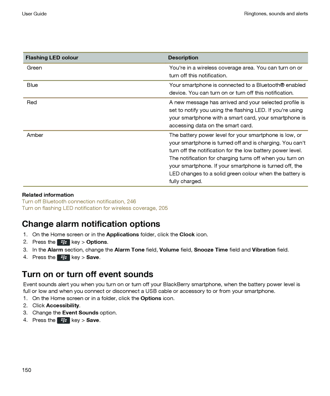 Blackberry P'9981 manual Change alarm notification options, Turn on or turn off event sounds, Click Accessibility 