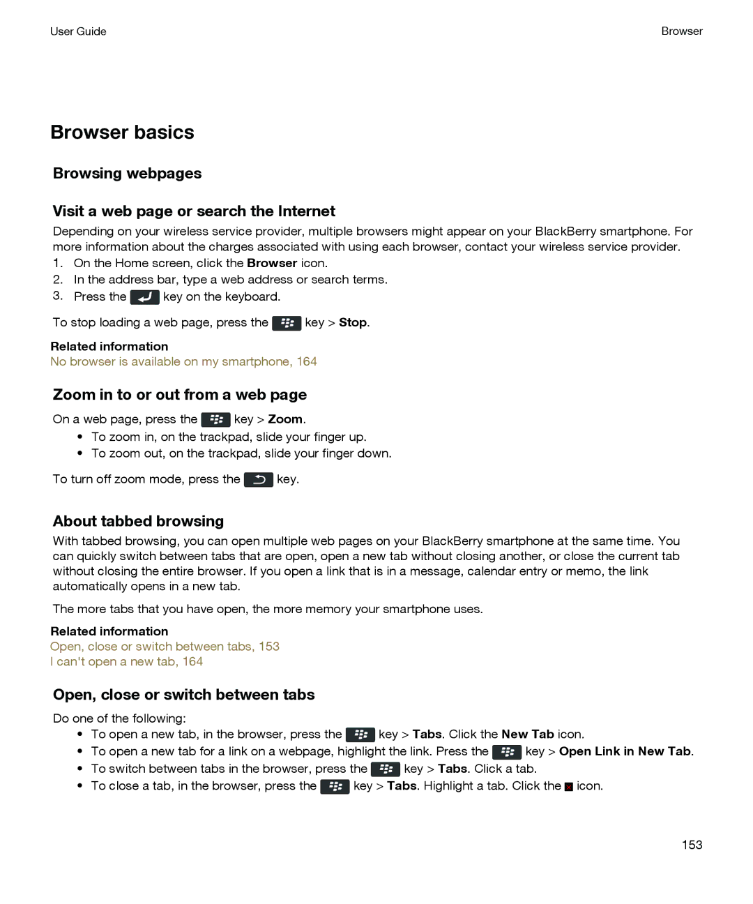 Blackberry P'9981 Browser basics, Browsing webpages Visit a web page or search the Internet, Zoom in to or out from a web 