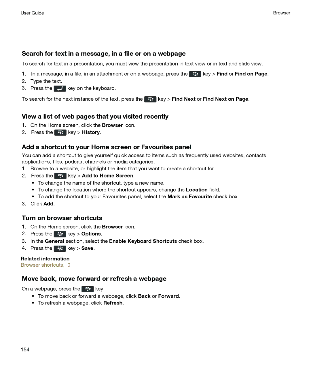 Blackberry P'9981 manual Search for text in a message, in a file or on a webpage, Turn on browser shortcuts 