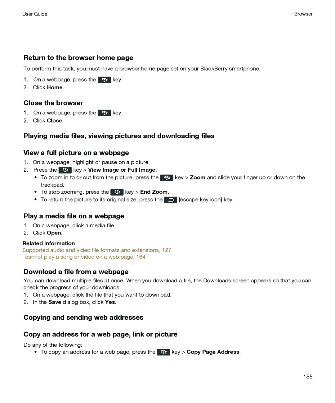 Blackberry P'9981 manual Return to the browser home, Close the browser, Play a media file on a webpage 