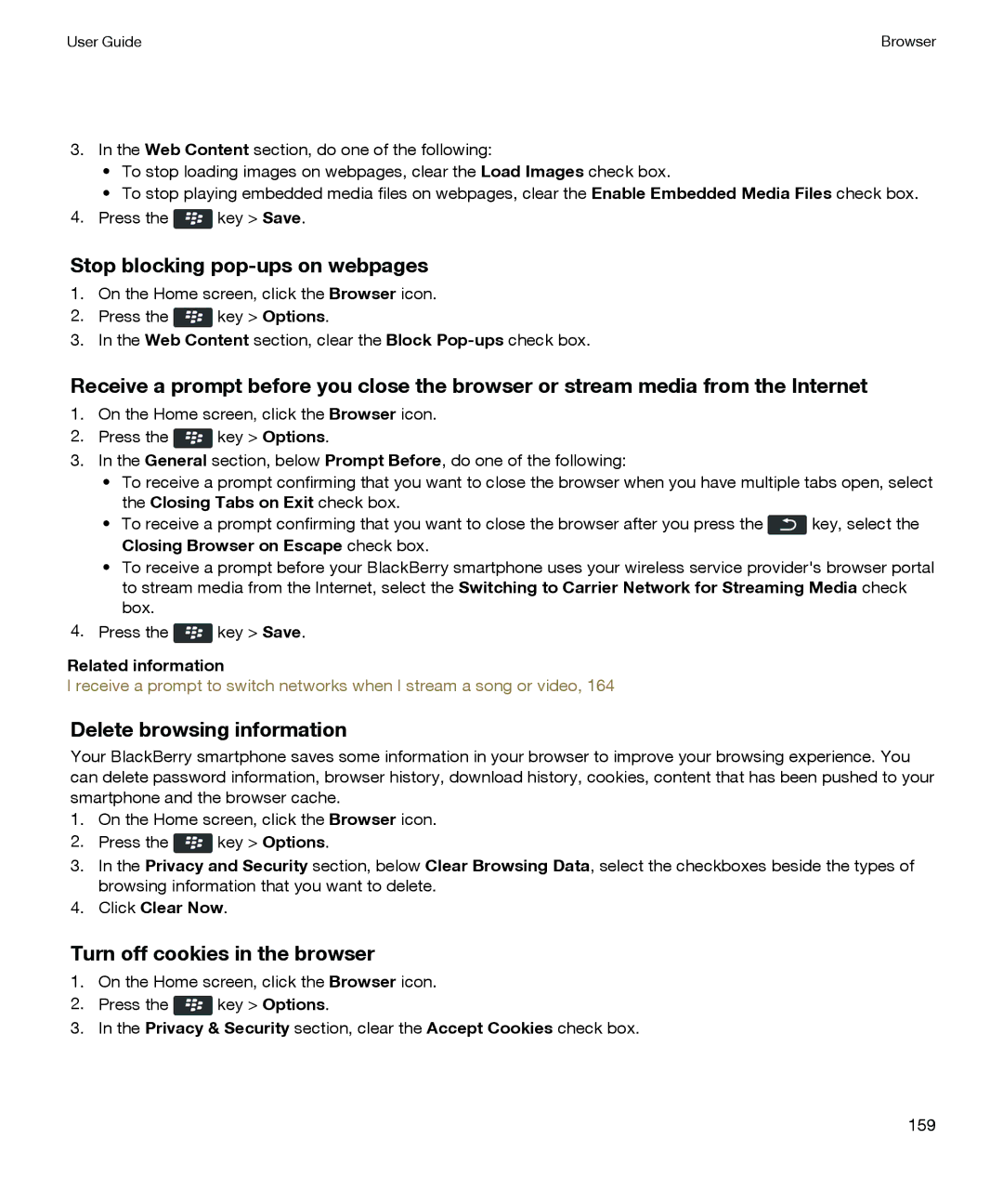 Blackberry P'9981 manual Stop blocking pop-ups on webpages, Delete browsing information, Turn off cookies in the browser 
