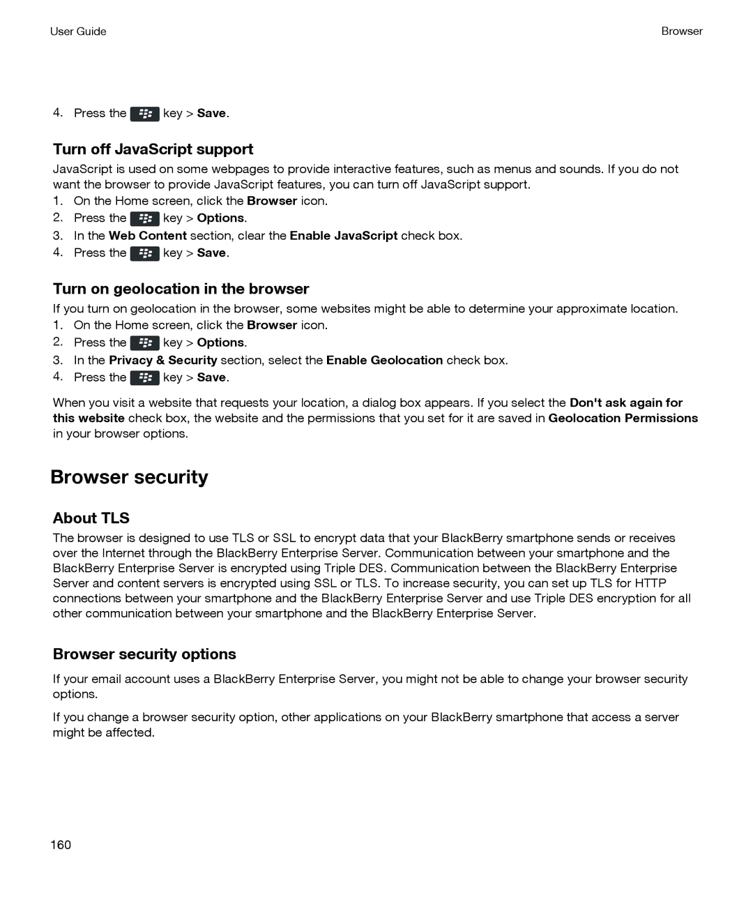 Blackberry P'9981 manual Browser security, Turn off JavaScript support, Turn on geolocation in the browser, About TLS 