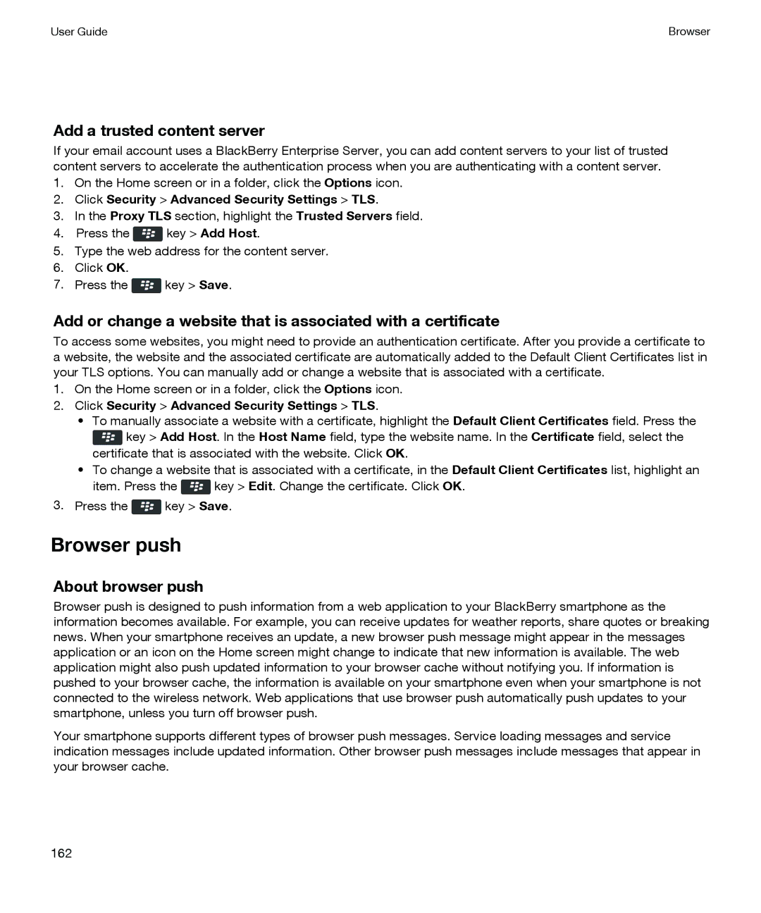 Blackberry P'9981 manual Browser push, Add a trusted content server, About browser push 