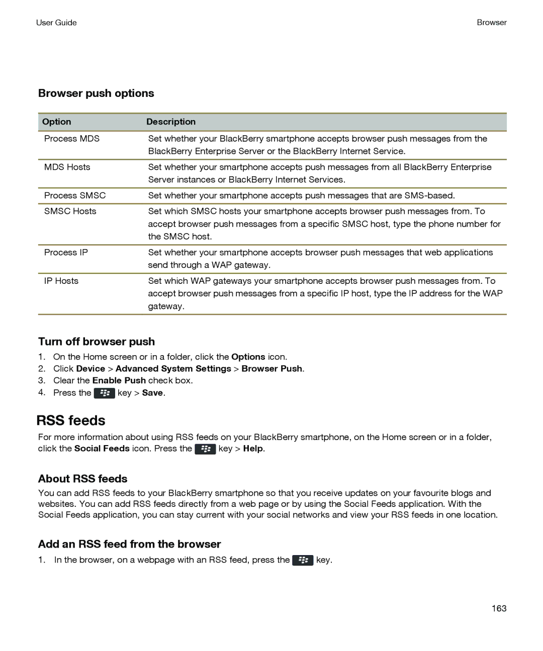 Blackberry P'9981 manual Browser push options, Turn off browser push, About RSS feeds, Add an RSS feed from the browser 